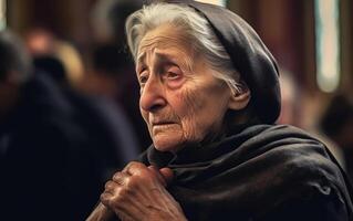 Elderly Woman in Mourning Clothes Cries with Grief photo