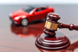 Symbol of Legal Authority - Wooden Judge's Gavel Against Red Car Model Background photo