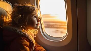 joven viajeros perspectiva - niño mirando fuera de avión ventana foto
