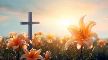 Wooden Cross and Blooming Lilies - Symbol of Hope and Faith photo