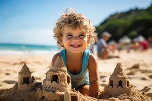 verano divertido - niño edificio arena castillo a playa foto