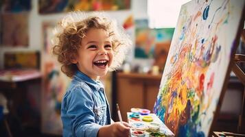 Child's Artistic Adventure - Happy Kid Painting a Picture photo