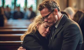 Comforting Presence - Man Consoling Crying Woman at Funeral Procession photo