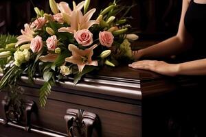 Funeral Gesture - female hands Placing bouquet of flowers on Coffin Lid - Mourning Concept photo