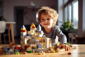 Child's Play - Smiling Child with Construction Set at Table photo