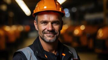 Portrait of Smiling Worker in Uniform at Manufacturing Plant photo