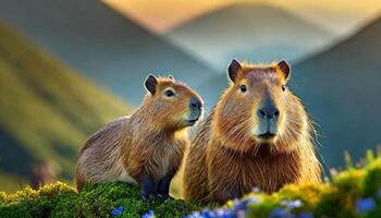 Close up of a Capybara and baby in a lake photo