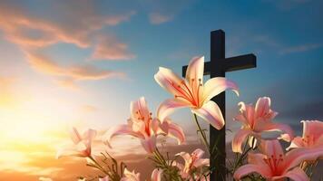 Heavenly Scene - Wooden Cross and White Lilies Against Blue Sky photo