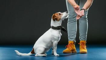 The human teaches the dog commands. Jack Russell Terrier breed. photo