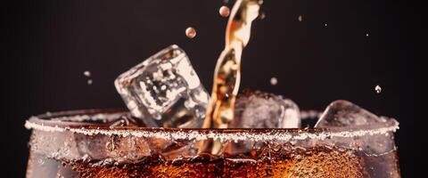 Cola soda and ice splashing fizzing or floating up to top of surface photo