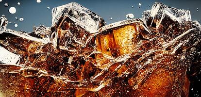 Cola with Ice. Close up of the ice cubes in cola water. Texture of carbonate drink with bubbles in glass. Cola soda and ice splashing fizzing or floating up to top of surface. Cold drink background. photo