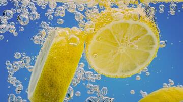 Underwater lemon slice in soda water or lemonade with bubbles. photo