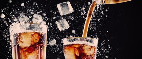 Cola soda and ice splashing fizzing or floating up to top of surface photo