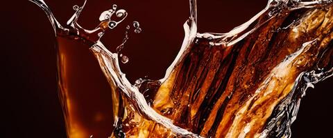 Splashing of Cola and Ice. Cola soda and ice splashing fizzing or floating up to top of surface. Close up of ice in cola water. Texture of carbonate drink with bubbles in glass. Cold drink background photo