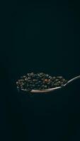 svart kaviar. en sked med svart kaviar på en svart bakgrund. vertikal orientering video