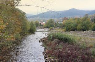 un brillante azul río fluido mediante bosque como el Dom comienza a conjunto en un oculto parque a lo largo el escénico conducir en hoverla montañas zona foto