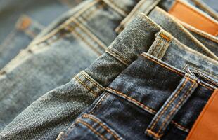 Many jeans in stack in wardrobe room. Row of pants denim jeans in closet. Concept of buy, sell, shopping and fashionable clothes photo