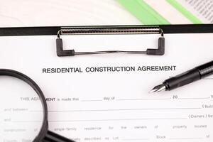 Construction contract form on A4 tablet lies on office table with pen and magnifying glass photo