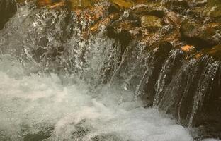 A small waterfall. The height difference of the water flow in the river is equipped with round wooden logs photo