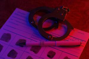 Applicant or fingerprints card with police handcuffs on table in dark room photo