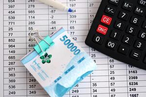 Business calculations with indonesian rupiah money bills and calculator with pen on office table photo