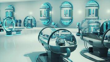 A futuristic laboratory room filled with round mirrors video