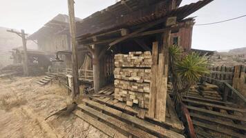 A rustic wooden shack with neatly stacked logs in the foreground video