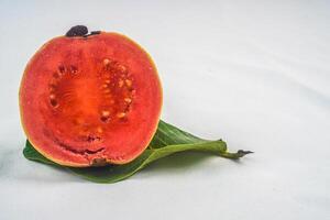 Guava isolated. Collection of red fleshed guava fruit with yellowish green skin on a leaf isolated on a white background. photo