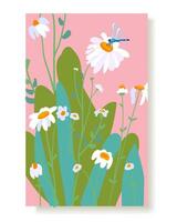 Summer poster Wild flowers white daisy dragonfly bush lush foliage. Simple wild wildflower plant pattern Template pink card vertical Wallpaper cloth fabric Wallpaper textile vector