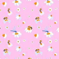 Seamless pattern daisy bee Pink background meadow Postcard poster banner Spring summer fabric clothes Packaging wallpaper template textile vector