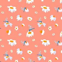 Seamless pattern wild wildflowers daisy dragonfly Garden flower graphic card Red poster banner Spring summer fabric clothing Coral backdrop packaging wallpaper textile cover vector