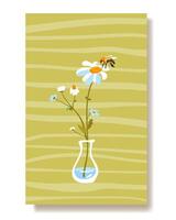 Summer poster Wild flowers white daisy bee, glass vase Simple flower. Traditional isolated plant Template postcard vertical Wallpaper fabric packaging fabric Wallpaper textile vector