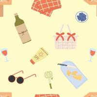 linda sin costura modelo de elementos para un picnic vino, raquetas, rebanado queso, cesta, frazada. modelo para textil, fondo de pantalla, embalaje, cubrir, web, tarjeta, caja, imprimir, bandera, cerámica vector