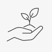 flor planta en mano línea icono. mano participación brote árbol con hojas contorno ilustración vector