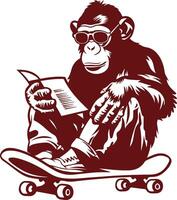 Sunglassed monkey reading on skateboard vector