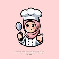 hijab cocineros mascota cocinero linda logo mano gesto vector