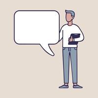 A cartoon style character stands holding a blank speech bubble, symbolizing social media, chat, conversation, and contact. vector