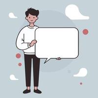 A cartoon style character stands holding a blank speech bubble, symbolizing social media, chat, conversation, and contact. vector