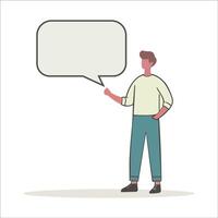 A cartoon style character stands holding a blank speech bubble, symbolizing social media, chat, conversation, and contact. vector