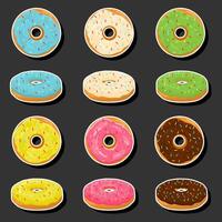 Illustration on theme big set different types sticky donuts, sweet doughnuts various size vector