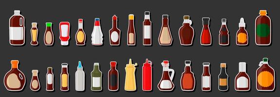 ilustración kit grande botellas de vidrio variadas llenas de salsa líquida teriyaki vector