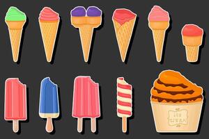 Illustration on theme big kit ice cream popsicle different types in cone waffle cup vector