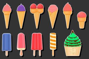 Illustration on theme big kit ice cream popsicle different types in cone waffle cup vector