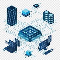 Isometric artificial intelligence chip concept. Artificial Intelligence server. Futuristic microchip processor. Isometric cloud computing. illustration vector