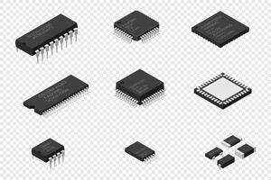 Set of microchip computer electronic components. Microchip icon. Computer processor technology. Micro processor. Collection of microchips vector