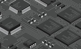 Isometric electronic board. Isometric printed circuit board with electronic components. Electronic components and integrated circuit board vector