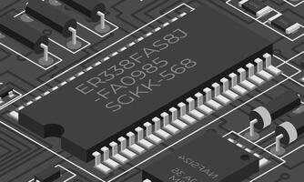 Isometric electronic board. Isometric printed circuit board with electronic components. Electronic components and integrated circuit board vector