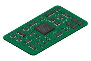 Isometric electronic board. Isometric printed circuit board with electronic components. Electronic components and integrated circuit board vector