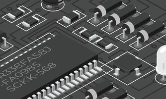 Isometric electronic board. Isometric printed circuit board with electronic components. Electronic components and integrated circuit board vector