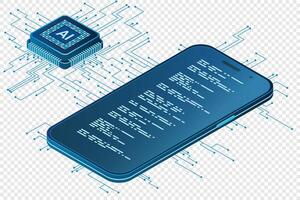 Isometric smartphone with AI. Artificial intelligence and smartphone concept. Smartphone with futuristic artificial intelligence processor vector